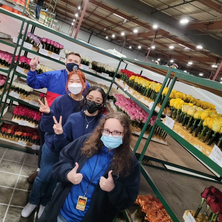 Student leaders from Circle K International and Key Club joined the fun in decorating the Kiwanis International float for the 2022 Rose Parade held January 1 in Pasadena, California. Pictured from front to back are Leah Reiser, vice president, Circle K International; Salma Eldeeb, president, Key Club; Melanie Kim, vice president, Key Club; and Kyle Lank, president, Circle K International.